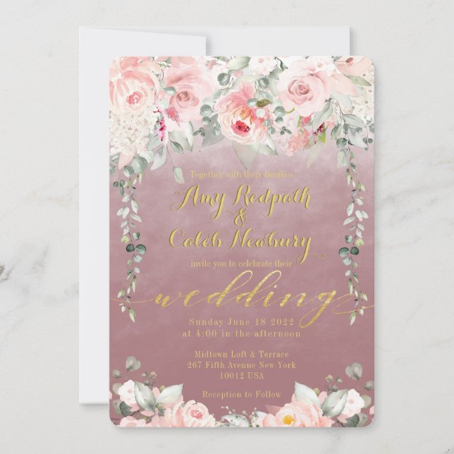 Blush Blooms Wedding Fancy Gold Calligraphy Mallow Invitation (Front)