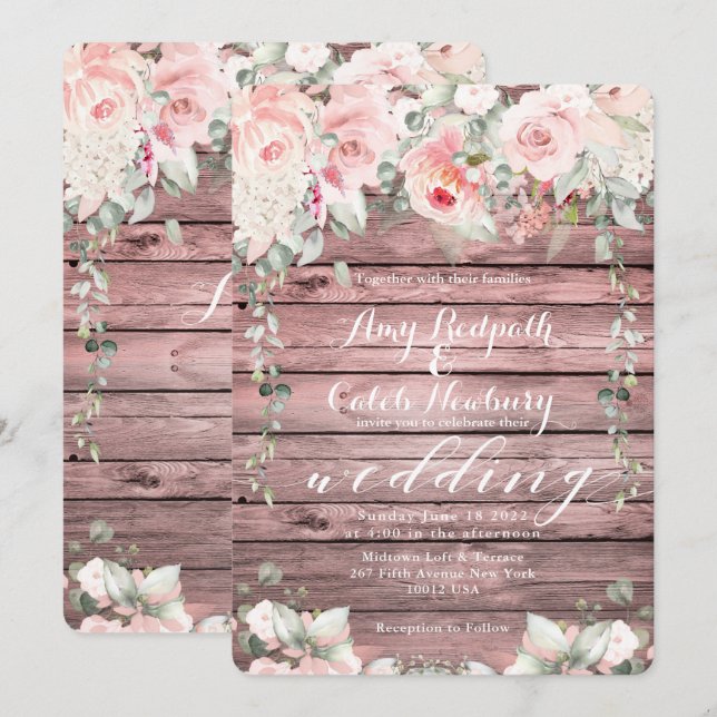 Blush & Blooms Wedding Rose Wood Rustic Barn Board Invitation (Front/Back)