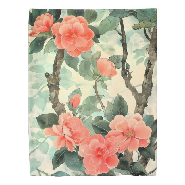 Blush Blossom Camelia Garden Watercolor Duvet Cover (Front)