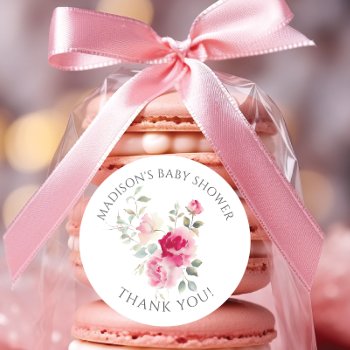 Blush Blossoms Baby Shower Classic Round Sticker by invitationstop at Zazzle