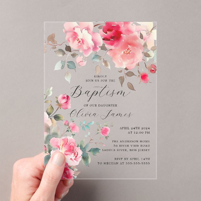 Blush Blossoms Baptism Acrylic Invitations (Insitu (Handheld))