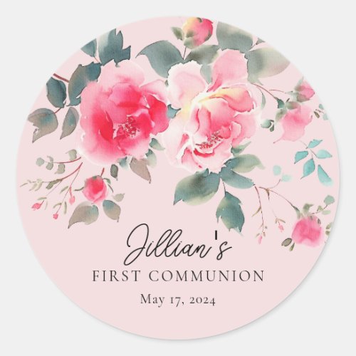 Blush Blossoms First Communion Classic Round Sticker