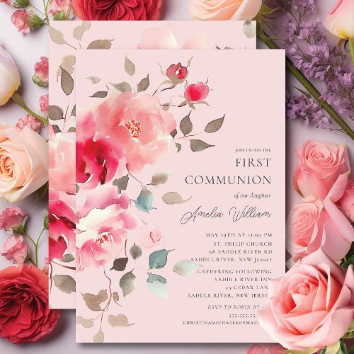 Blush Blossoms First Communion Invitation