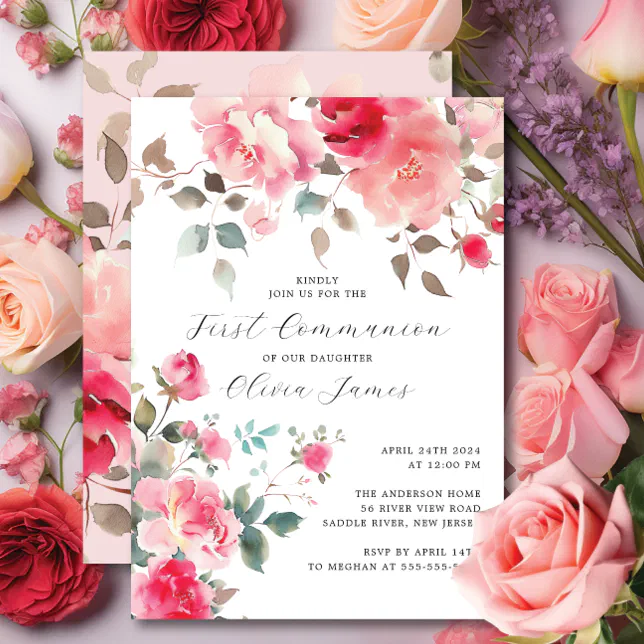 Blush Blossoms First Holy Communion Invitation | Zazzle