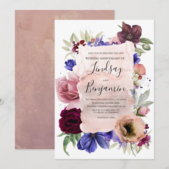 Blush Blue and Burgundy Floral Wedding Anniversary Invitation (Front/Back)