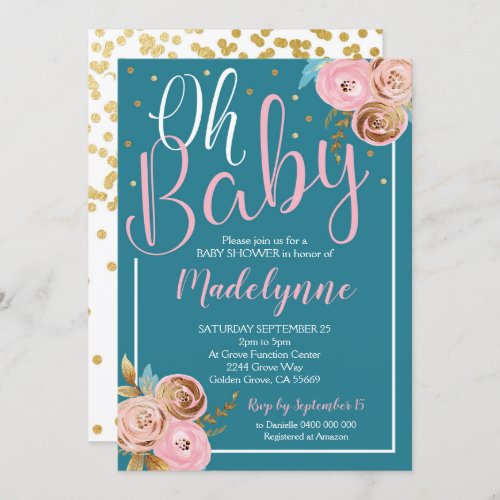 Blush Blue and Gold Floral Baby Shower invitation