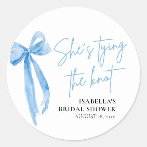 Blush Blue Bow Shes Tying the Knot Bridal Shower Classic Round Sticker