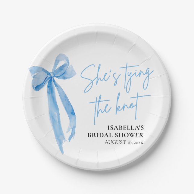 Blush Blue Bow She's Tying the Knot Bridal Shower Paper Plates (Front)