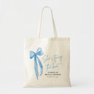 Blush Blue Bow She's Tying the Knot Bridal Shower Tote Bag