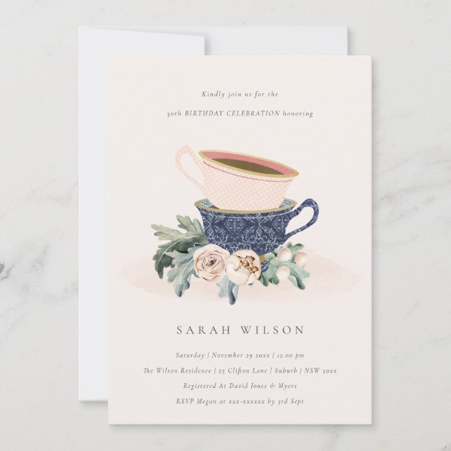 Blush Blue Cups Floral Any Age Birthday Invite (Front)