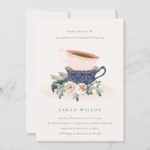 Blush Blue Cups Floral Any Age Birthday Invite