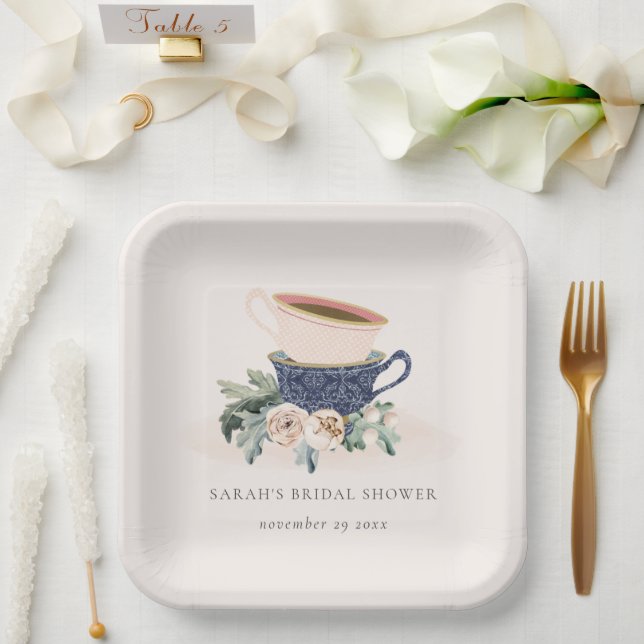 Blush Blue Cups Floral Bridal Shower Tea Party Paper Plates (Wedding)