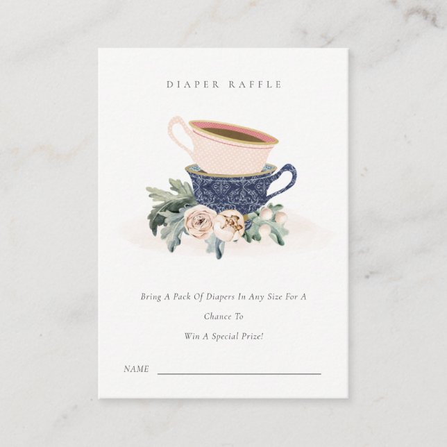 Blush Blue Cups Floral Diaper Raffle Baby Shower Enclosure Card (Front)