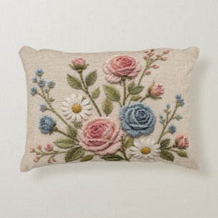 Blush & Blue Embroidered Roses Accent Pillow