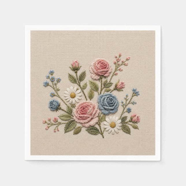 Blush & Blue Embroidered Roses Napkins (Front)