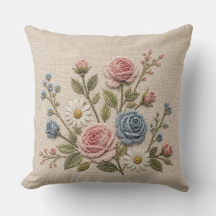 Blush & Blue Embroidered Roses Outdoor Pillow