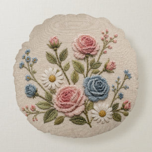 Blush & Blue Embroidered Roses Round Pillow