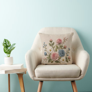 Blush & Blue Embroidered Roses Throw Pillow