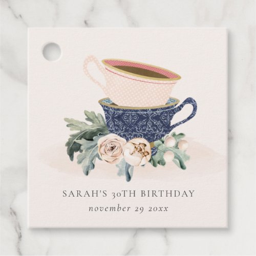 Blush Blue Flora Stacked Tea Cups Any Age Birthday Favor Tags