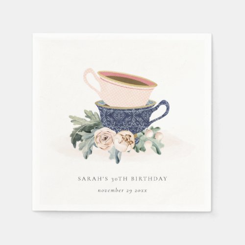 Blush Blue Flora Stacked Tea Cups Any Age Birthday Napkins