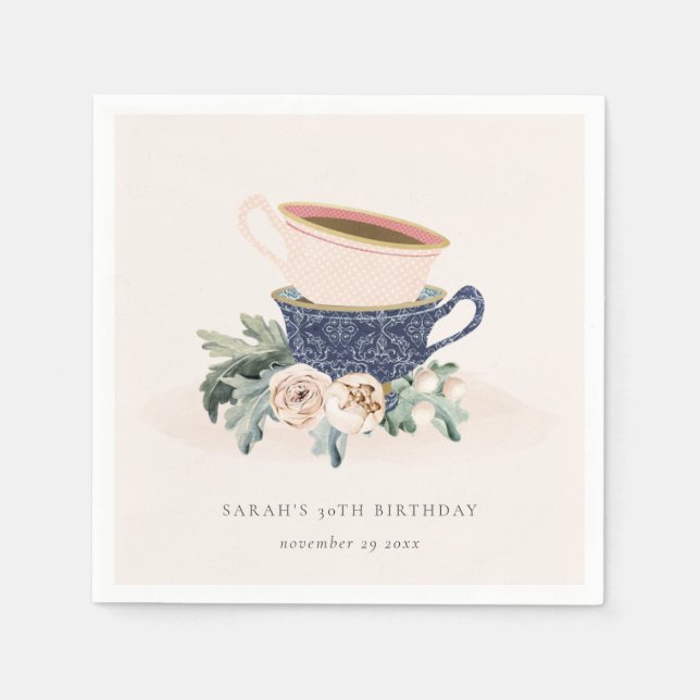 Blush Blue Flora Stacked Tea Cups Any Age Birthday Napkins (Front)