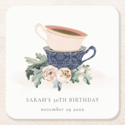 Blush Blue Flora Stacked Tea Cups Any Age Birthday Square Paper Coaster