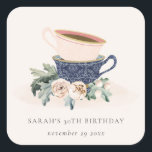 Blush Blue Flora Stacked Tea Cups Any Age Birthday Square Sticker<br><div class="desc">For any further customisation or any other matching items,  please feel free to contact me at yellowfebstudio@gmail.com</div>