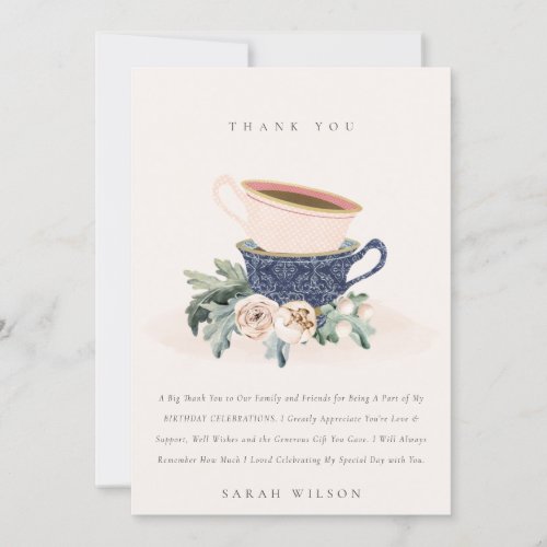 Blush Blue Flora Stacked Tea Cups Any Age Birthday Thank You Card