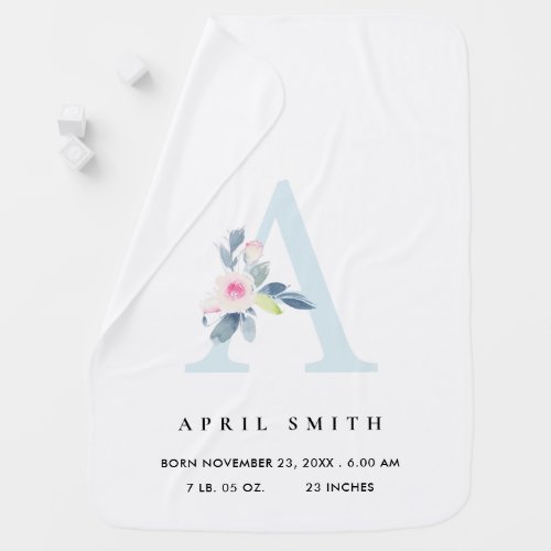 BLUSH BLUE FLORAL ALPHABET NAME A BABY BIRTH STATS BABY BLANKET
