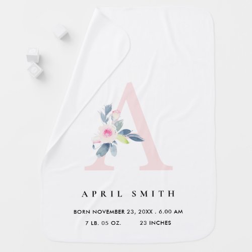 BLUSH BLUE FLORAL ALPHABET NAME A BABY BIRTH STATS BABY BLANKET