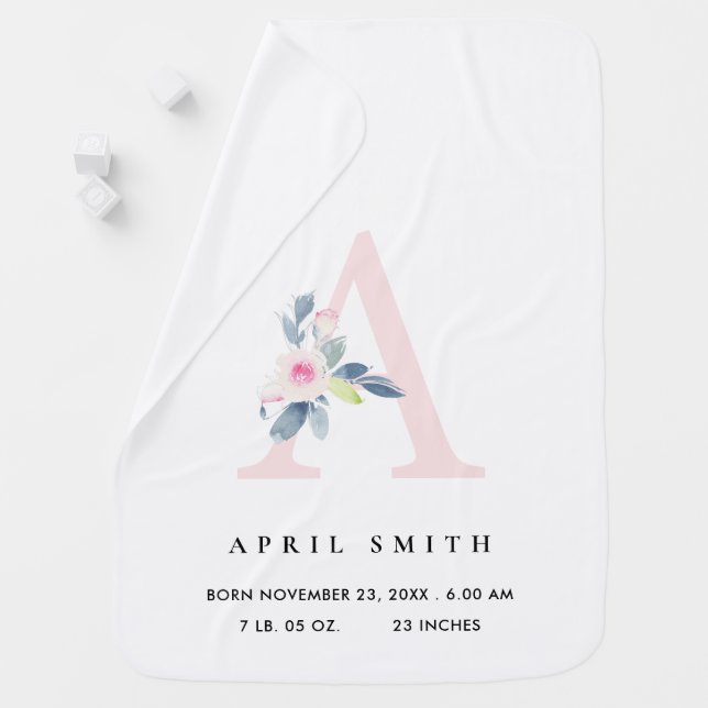 BLUSH BLUE FLORAL ALPHABET NAME A BABY BIRTH STATS BLANKET (In Situ)