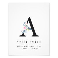 BLUSH BLUE FLORAL ALPHABET NAME A BABY BIRTH STATS PHOTO PRINT