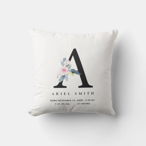 BLUSH BLUE FLORAL ALPHABET NAME A BABY BIRTH STATS THROW PILLOW