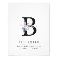 BLUSH BLUE FLORAL ALPHABET NAME B BABY BIRTH STATS PHOTO PRINT