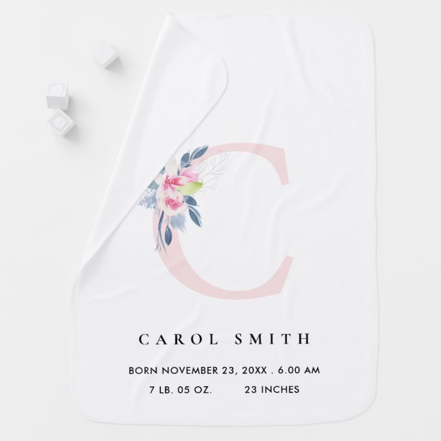 BLUSH BLUE FLORAL ALPHABET NAME C BABY BIRTH STATS BLANKET (In Situ)