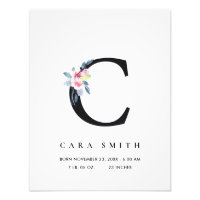 BLUSH BLUE FLORAL ALPHABET NAME C BABY BIRTH STATS PHOTO PRINT