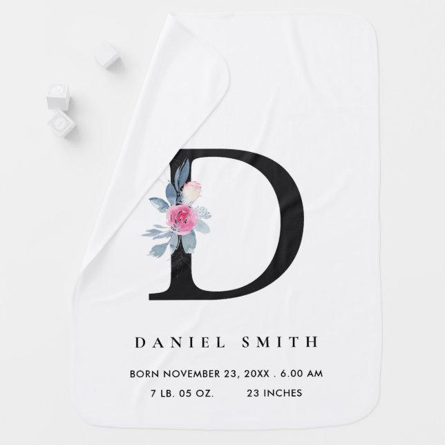 BLUSH BLUE FLORAL ALPHABET NAME D BABY BIRTH STATS BLANKET (In Situ)