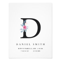 BLUSH BLUE FLORAL ALPHABET NAME D BABY BIRTH STATS PHOTO PRINT