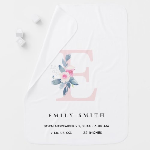 BLUSH BLUE FLORAL ALPHABET NAME E BABY BIRTH STATS BABY BLANKET