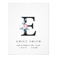 BLUSH BLUE FLORAL ALPHABET NAME E BABY BIRTH STATS PHOTO PRINT