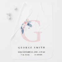 BLUSH BLUE FLORAL ALPHABET NAME G BABY BIRTH STATS BABY BLANKET