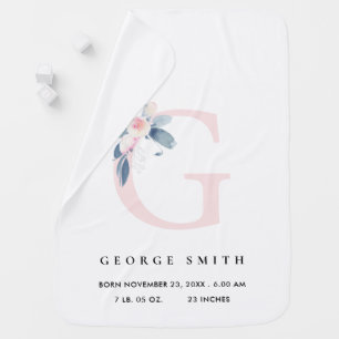 BLUSH BLUE FLORAL ALPHABET NAME G BABY BIRTH STATS BLANKET