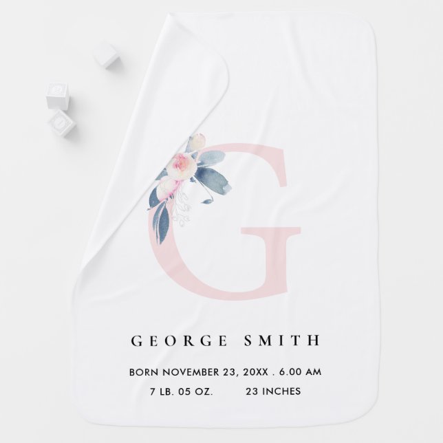 BLUSH BLUE FLORAL ALPHABET NAME G BABY BIRTH STATS BLANKET (In Situ)