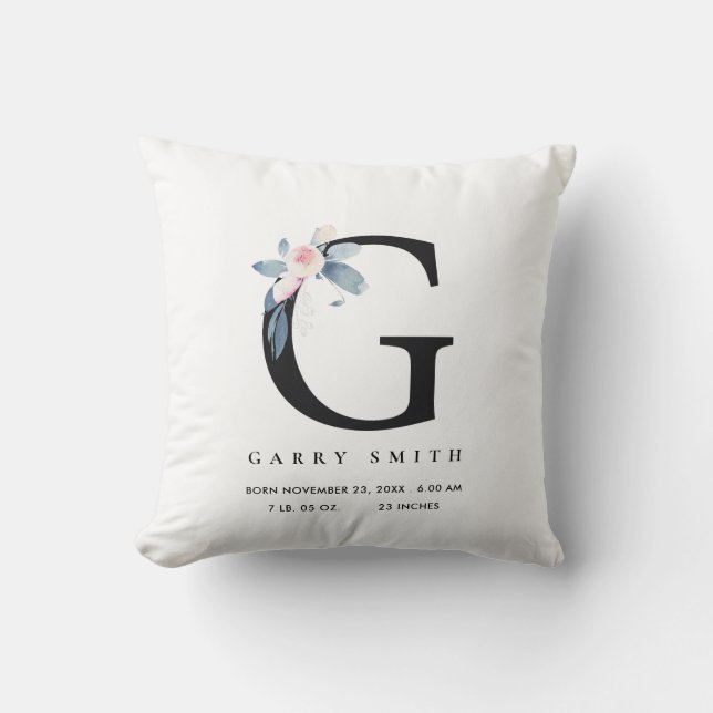 BLUSH BLUE FLORAL ALPHABET NAME G BABY BIRTH STATS THROW PILLOW (Front)