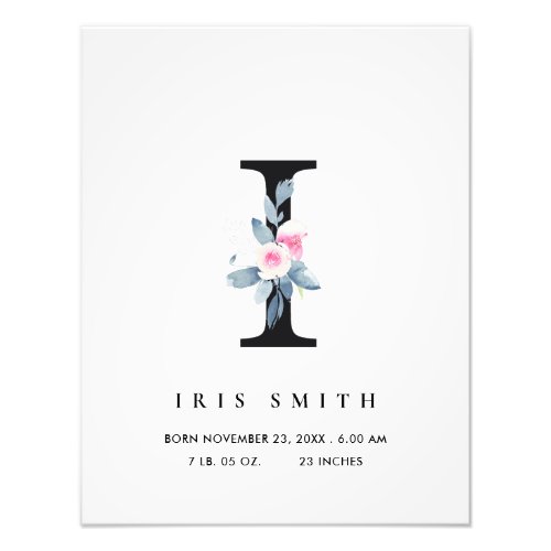 BLUSH BLUE FLORAL ALPHABET NAME I BABY BIRTH STATS PHOTO PRINT