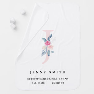 BLUSH BLUE FLORAL ALPHABET NAME J BABY BIRTH STATS BLANKET