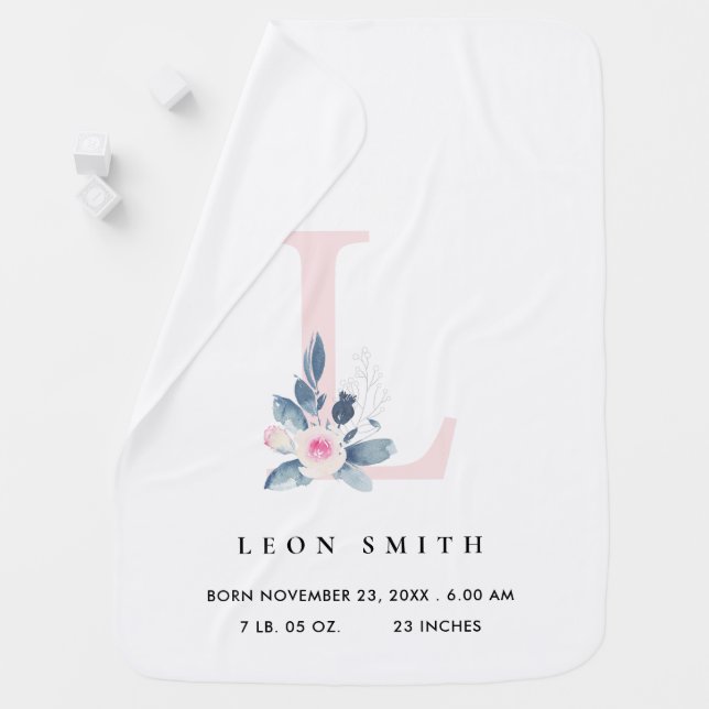 BLUSH BLUE FLORAL ALPHABET NAME L BABY BIRTH STATS BABY BLANKET (In Situ)