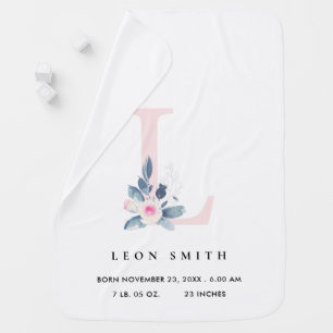 BLUSH BLUE FLORAL ALPHABET NAME L BABY BIRTH STATS BLANKET