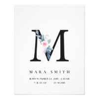 BLUSH BLUE FLORAL ALPHABET NAME M BABY BIRTH STATS PHOTO PRINT