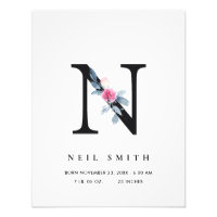 BLUSH BLUE FLORAL ALPHABET NAME N BABY BIRTH STATS PHOTO PRINT